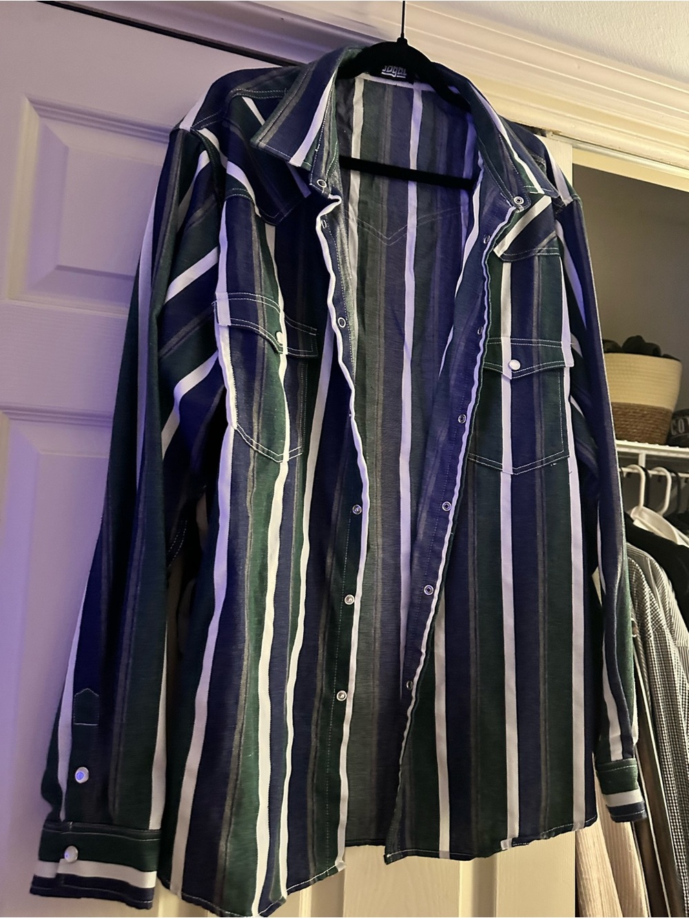 Striped Button-Up Shirt in Navy, Green & White